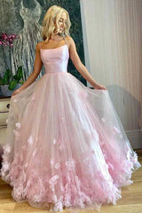 Light Pink A Line Spaghetti Straps 3D Flowers Prom Dresses, Evening Gown, PL440 | tulle prom dresses | pink prom dresses | long formal dresses | promnova.com