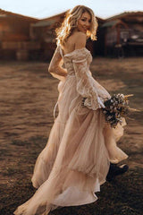Light Brown Long Sleeve Boho Wedding Dress Rustic Wedding Dress WD741-Pgmdress