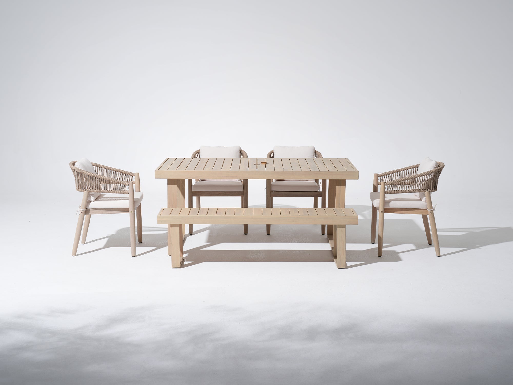Wood patio umbrella hole dining set for 6 with bench, rope design chairs