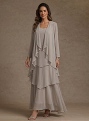 A-Line/Princess Scoop Chiffon Mother of the Bride Dresses with Jacket & Ruffles Long Sleeves Ankle-Length