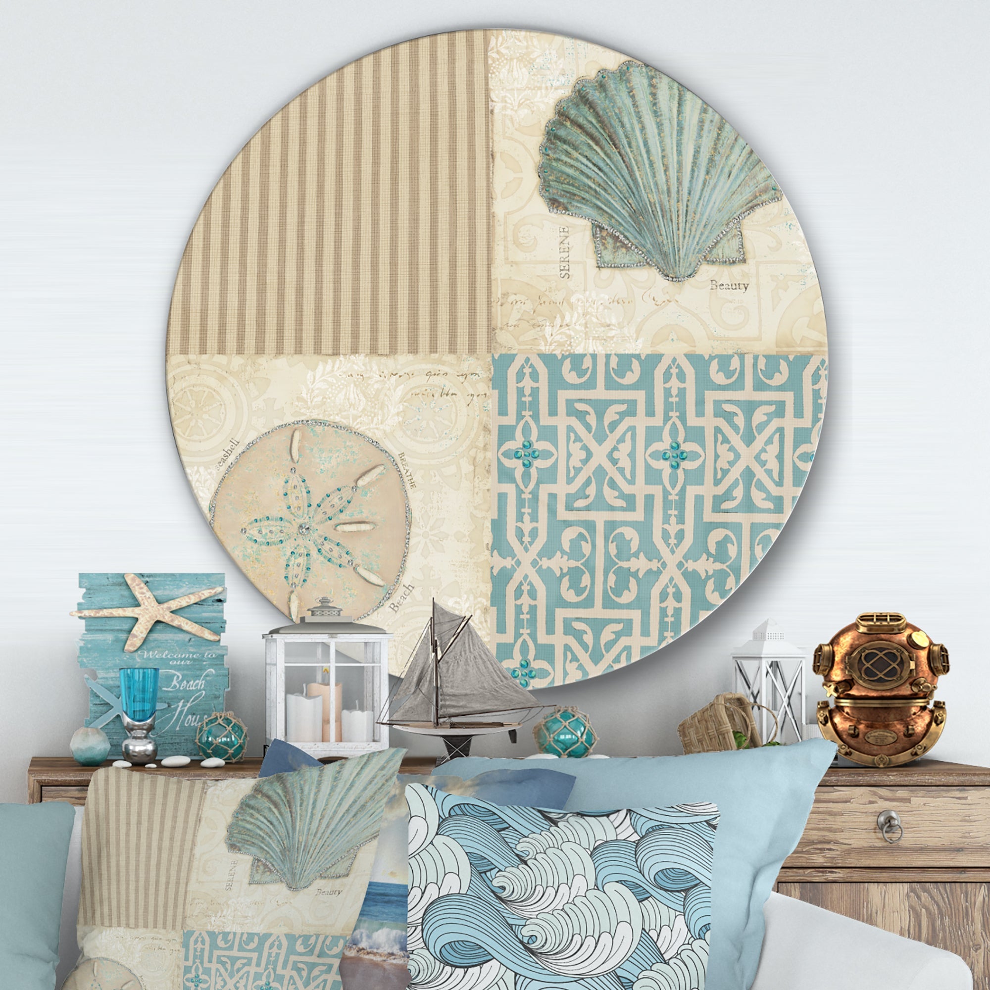 Designart 'Beach Treasures Collage I' Nautical & Coastal Metal Circle Wall Art