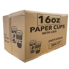 *WHOLESALE* 16oz Paper Cups Coffee Bean Pattern Hot/Cold w/Lid 384/Case Paper Cups VeZee
