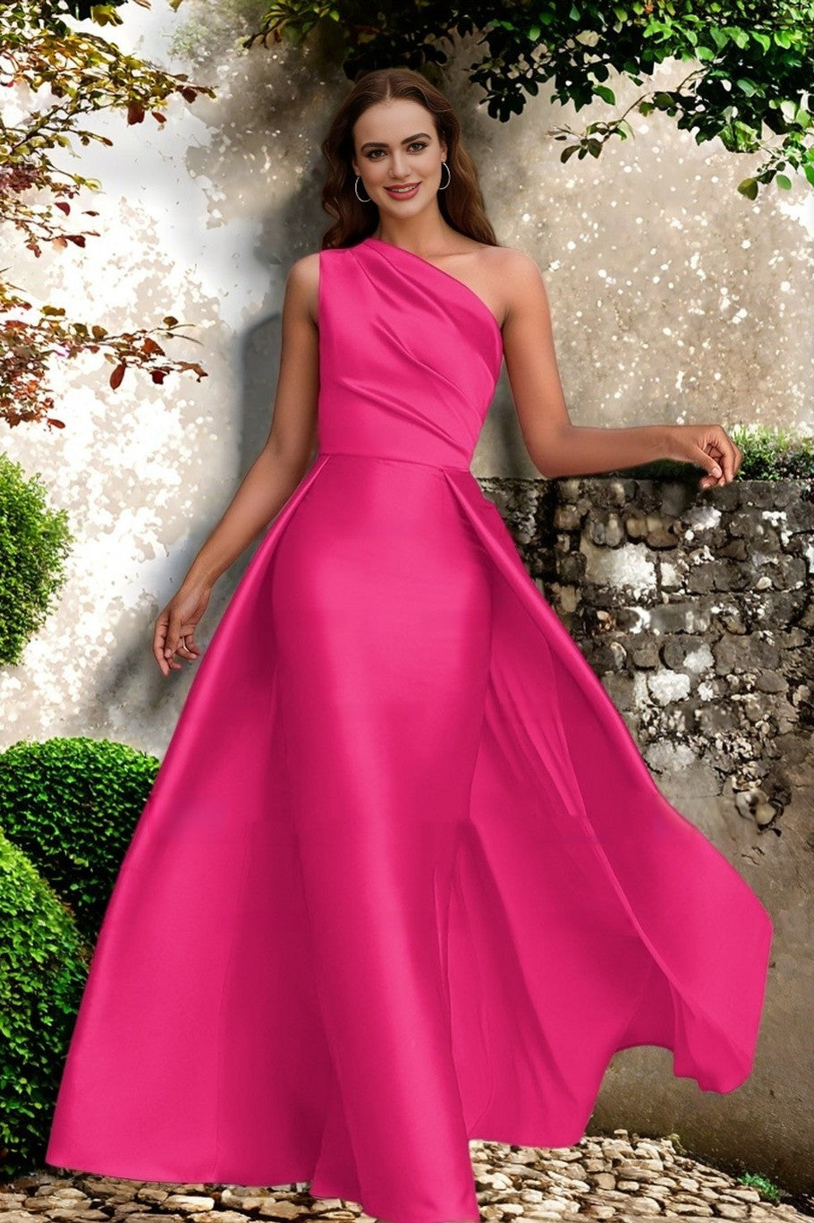 One Shoulder Bridesmaid Dress Fuchsia Wedding Guest Dress with Panel Train