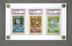 Custom UV resistant PSA BGS trading card display cases with customizable pegs for Pokemon, YuGiOh, Baseball, Basketball, Metazoo, Magic the Gathering, Harry Potter, Power Rangers, Digimon, Hockey, Football, Golf, Formula 1, Wrestling, & Garbage Pail Kids.