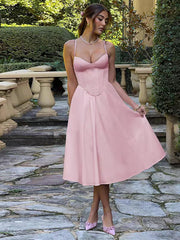 Pink Satin Spaghetti Strap Knee Length A-line Simple Party Dresses, CH0105