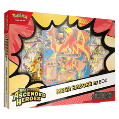 Mega Emboar ex Collection Box featuring foil promo card and booster packs from the Ascended Heroes TCG set.