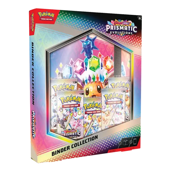 Prismatic Evolutions Binder Collection featuring booster packs and colorful design for Pokémon TCG cards.