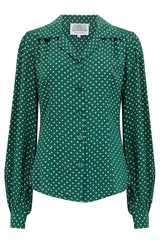 Poppy Long Sleeve Blouse in Green Ditzy Dot , Authentic & Classic 1940s Vintage Style - Vintage Clothing, CC41, Dress For Goodwood Revival, Vintage Outfit, Twinwood Festival Outfit, Viva Las Vegas Rockabilly Weekend Rock n Romance The Seamstress Of Bloomsbury