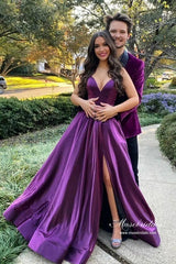 Purple Satin A-line Backless Long Prom Dresses With Slit, Evening Dress, MP910 | cheap long prom dress | evening gown | purple prom dress | musebridals.com