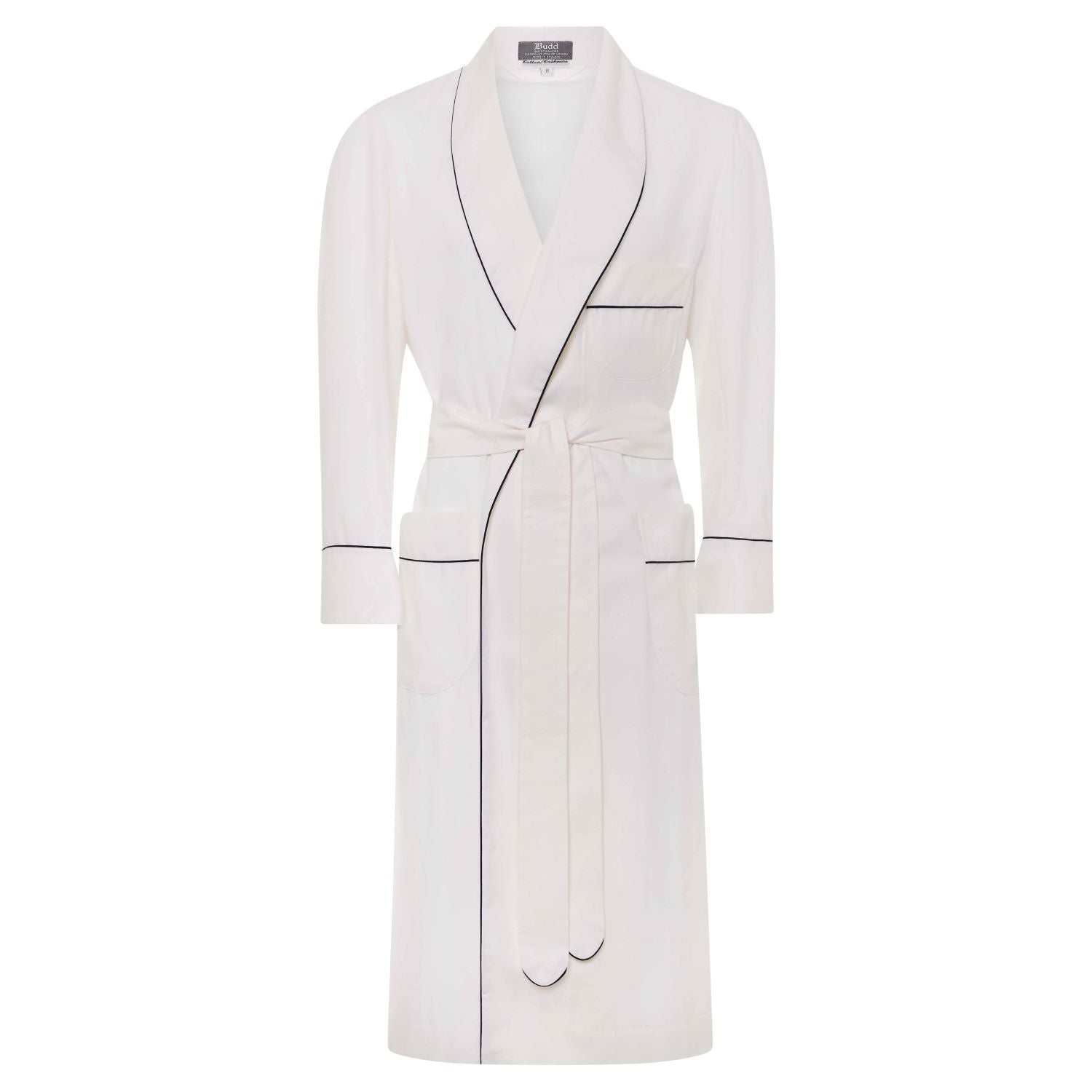 White cotton and cashmere herringbone dressing gown with navy piping