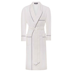 White cotton and cashmere herringbone dressing gown with navy piping
