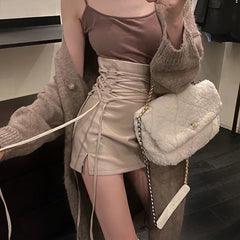 Getadme Gothic Solid Sexy Mini Black Skirt Y2k Woman Lace-up Punk New Hippie High Waist Faldas Leather Pencil Skirt Streetwear Club