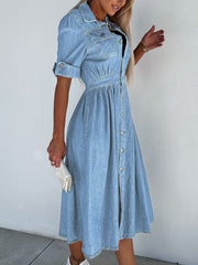 Rebecca - Professionele denim jurk: Effen Patchwork Turtleneck, Hoge taille, Korte mouwen, Blauw Casual normale pasvorm