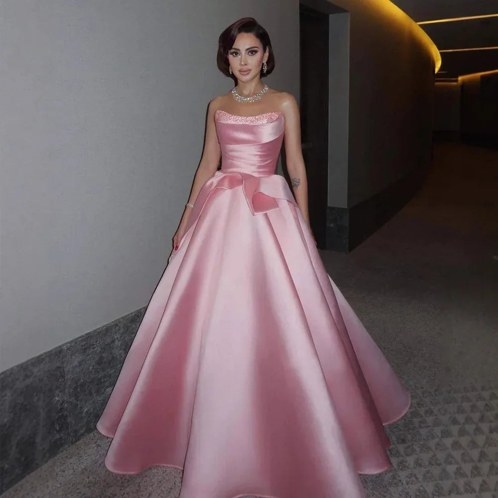 Luxury Pink Satin A Line Evening Dress with Bow Gown LA72916