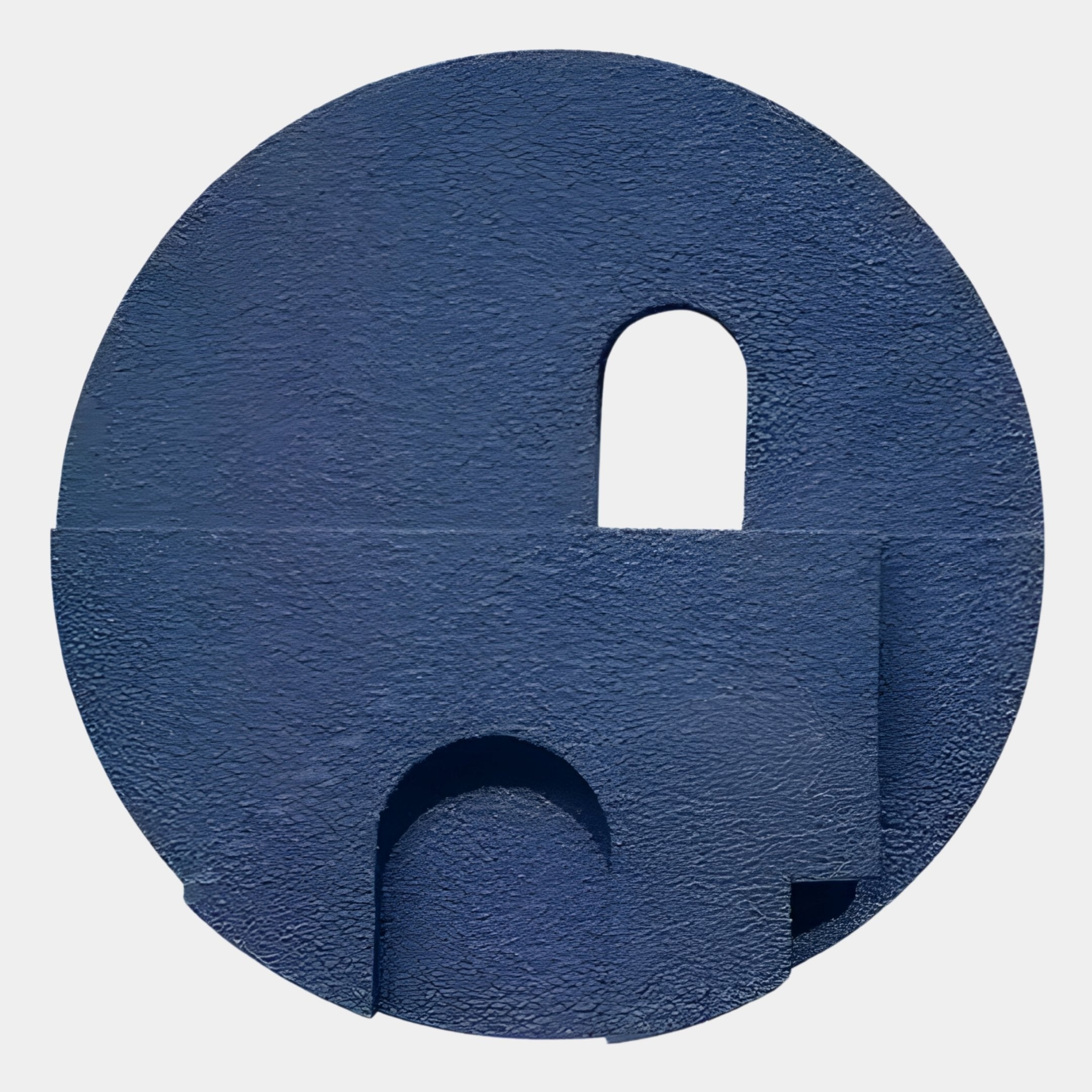 Arcuza Blue III Wood Carving Sandstone 3D Wall Art by Giant Sculptures, a circular indigo-blue textured piece with carved arch, window cutout, and layered planes on a light background.