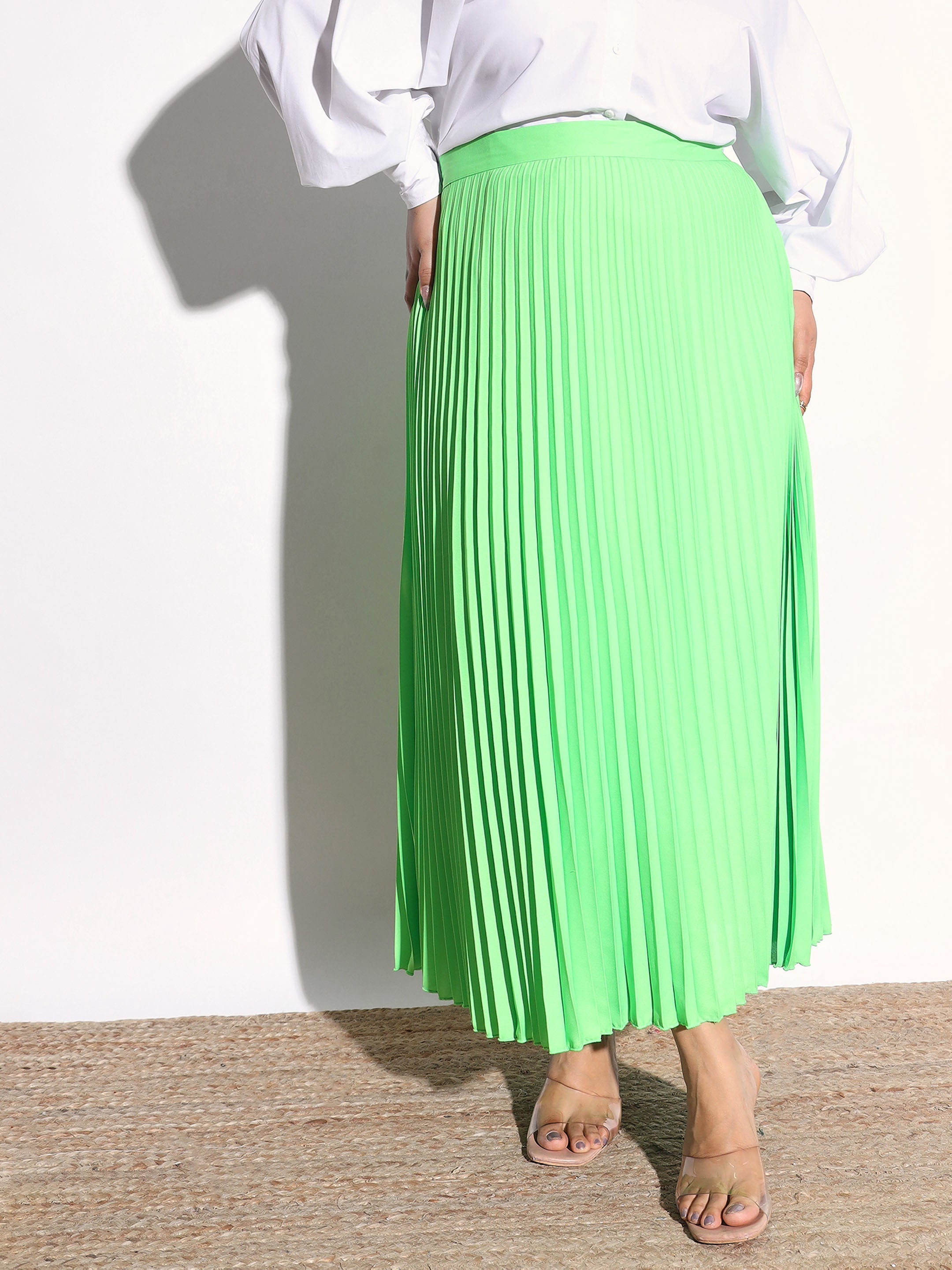 Neon Green Accordion Pleated Skirt -SASSAFRAS Curve