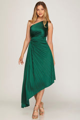 Daphne - One Shoulder Pleated Asymmetrical Woven Dress - Sea Green