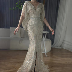 Beaded V-Neck Mermaid Evening Gown with Court Train – Elegant Sleeveless Tulle Dress