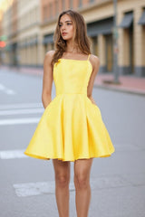 Simple A Line Cross Back Yellow Homecoming Dress with Pockets PD280
