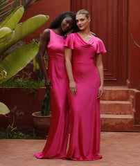 Cowl Flutter Sleeve Satin Bridesmaid Dress - Fuchsia Pink
