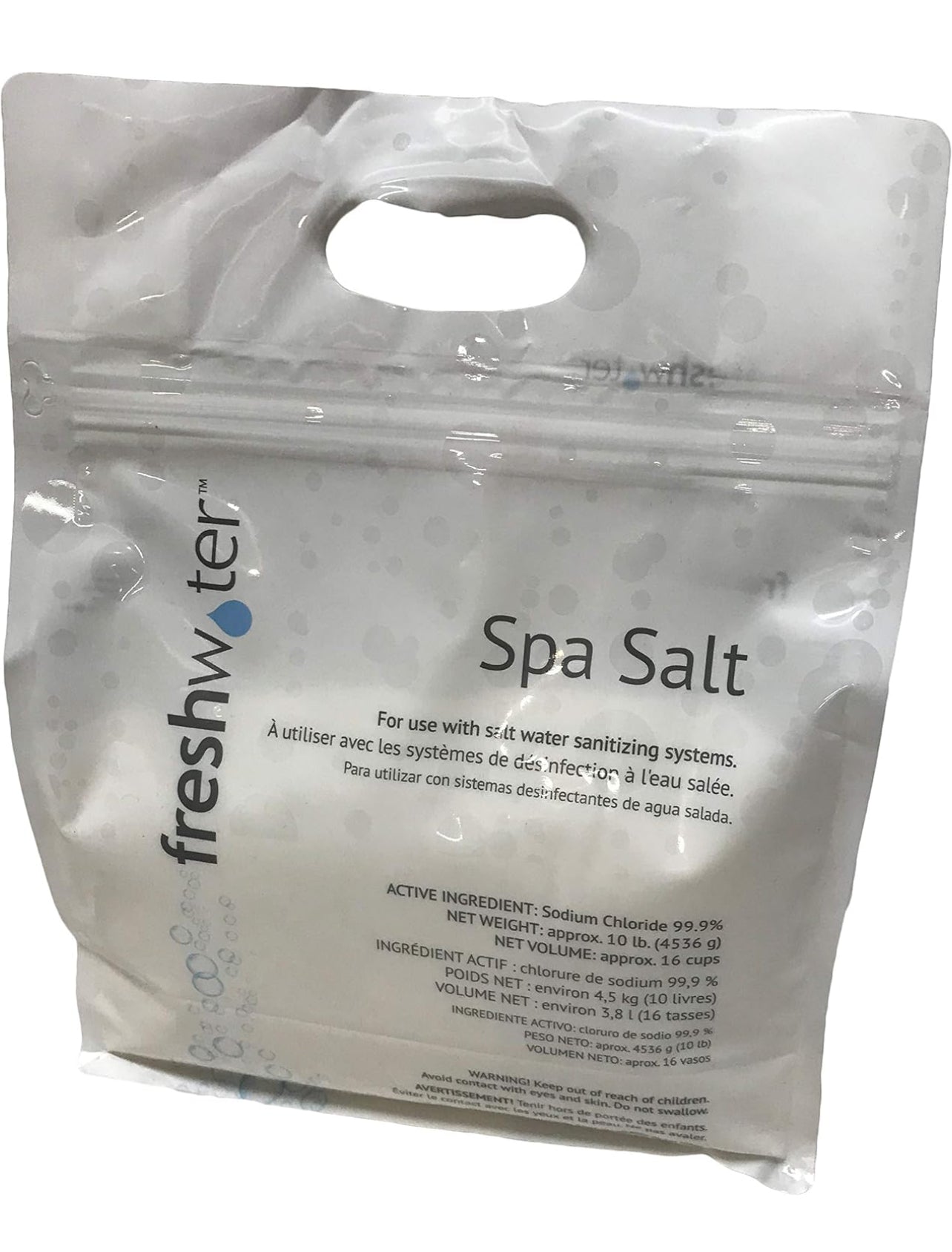 A white plastic bag labeled 'Fresh Water' containing spa salt.