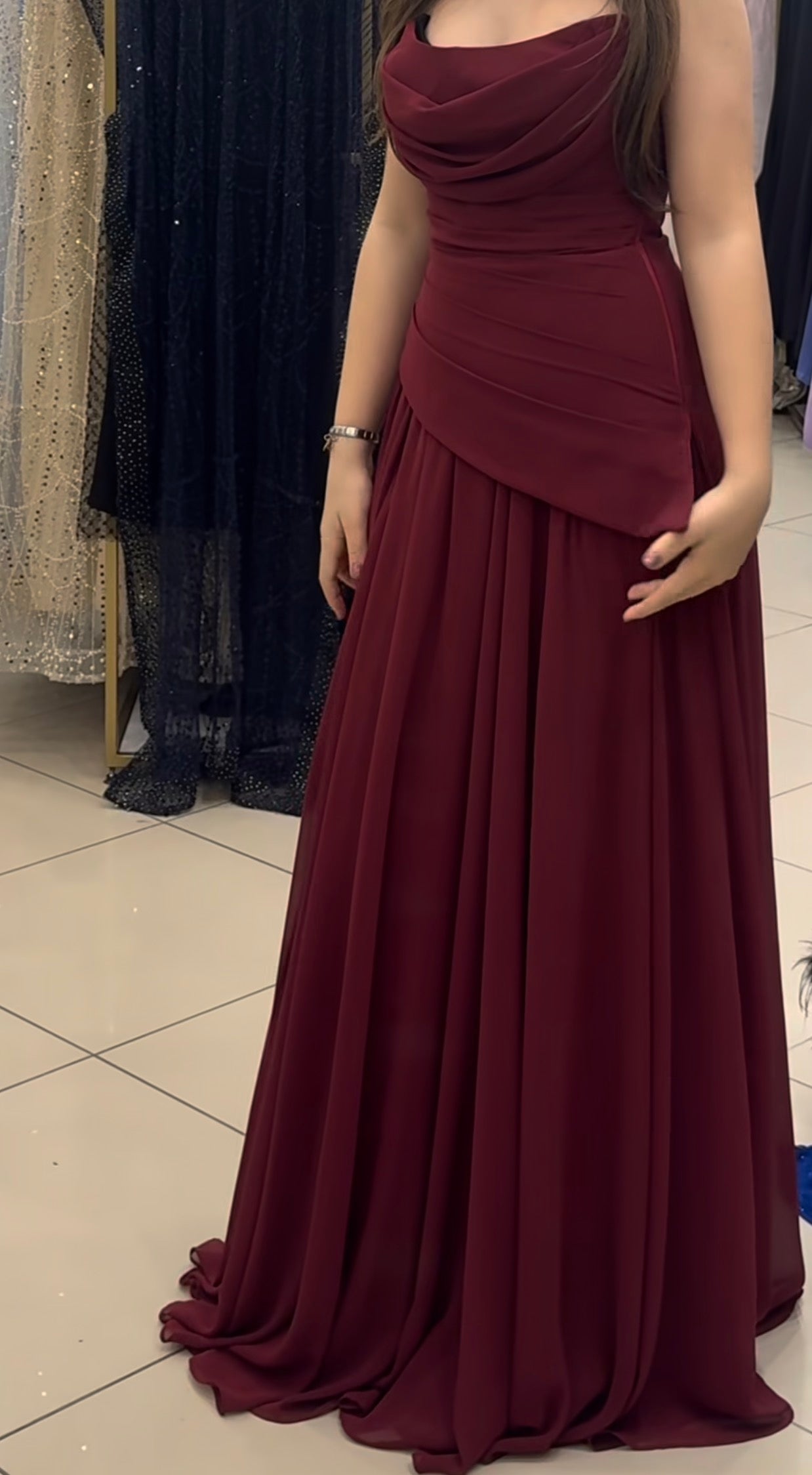 Strapless Burgundy Chiffon Formal Prom Dress Wedding Guest Dress J10086