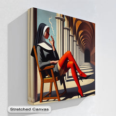 A rebellious nun smoking in red stockings becomes a surreal canvas pictures piece in this forbidden habit canvas wall art.