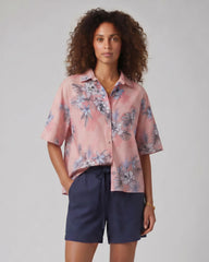 LARA EXOTIC FLORAL CORAL WOMENS RELAXED LINEN SHIRT