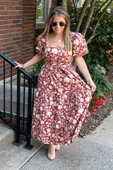 SALE-Floral Print Square Neck Cinched Waist Midi Dress-Burgundy - Simply Dixie Boutique
