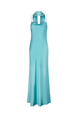 Aguaclara turquoise maxi dress with flowing fabric and sleeveless design, displayed on a hanger against a neutral background.