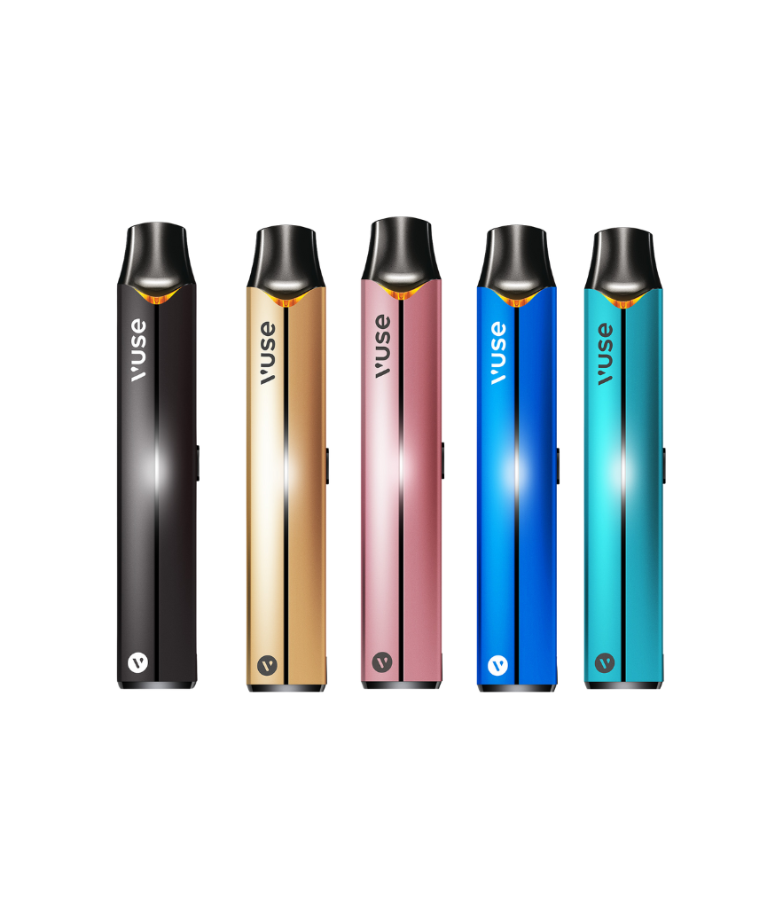 Vuse vaping devices in black, gold, pink, blue, and teal colors.