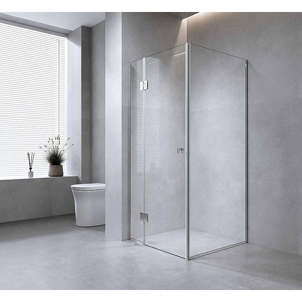 120x100cm Corner Frameless Shower Screen ??Gunmetal Wall & Floor Channel with Brass Hinges & Square Double Pull Handle