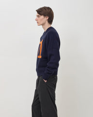 Varsity Intarsia Knit Sweater - Navy & Orange