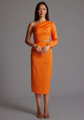 Front image of a model wearing an orange mid dress with a asymmetric, one long sleeve design and subtle side cut-out. The design featured is the Vesper Niccola Orange Midi Dress