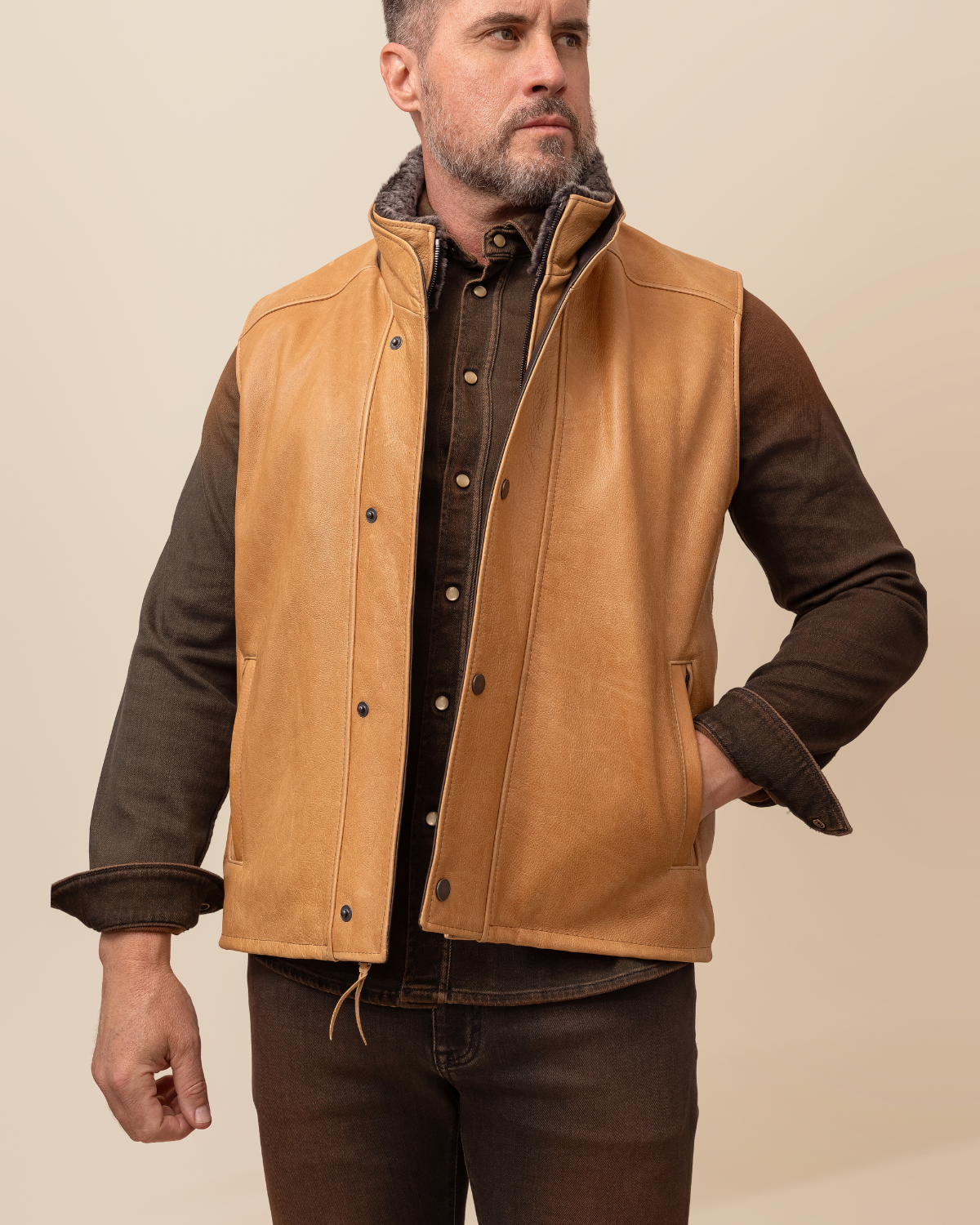 HYDE Range Vest — front view, waxy camel cowhide with grey shearling double collar and Rustic Napa trim, handcrafted in Los Angeles