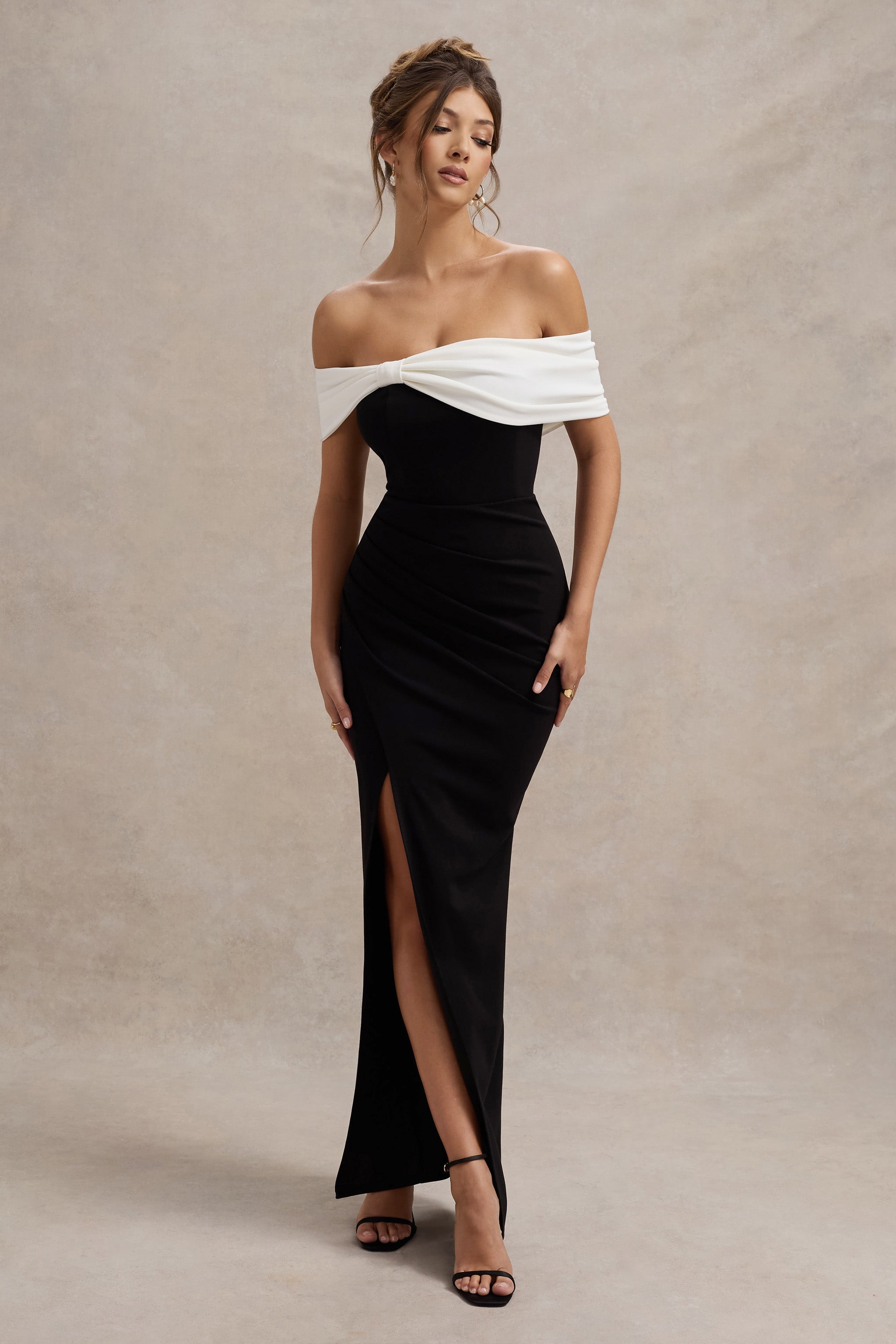 WB_HR_CL127770225-EvaBlack_WhiteBardotBowDetailMaxiDressWithThighSplit0