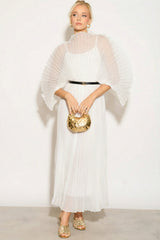 Pleated long dress with organza pleated cape sleeves in White