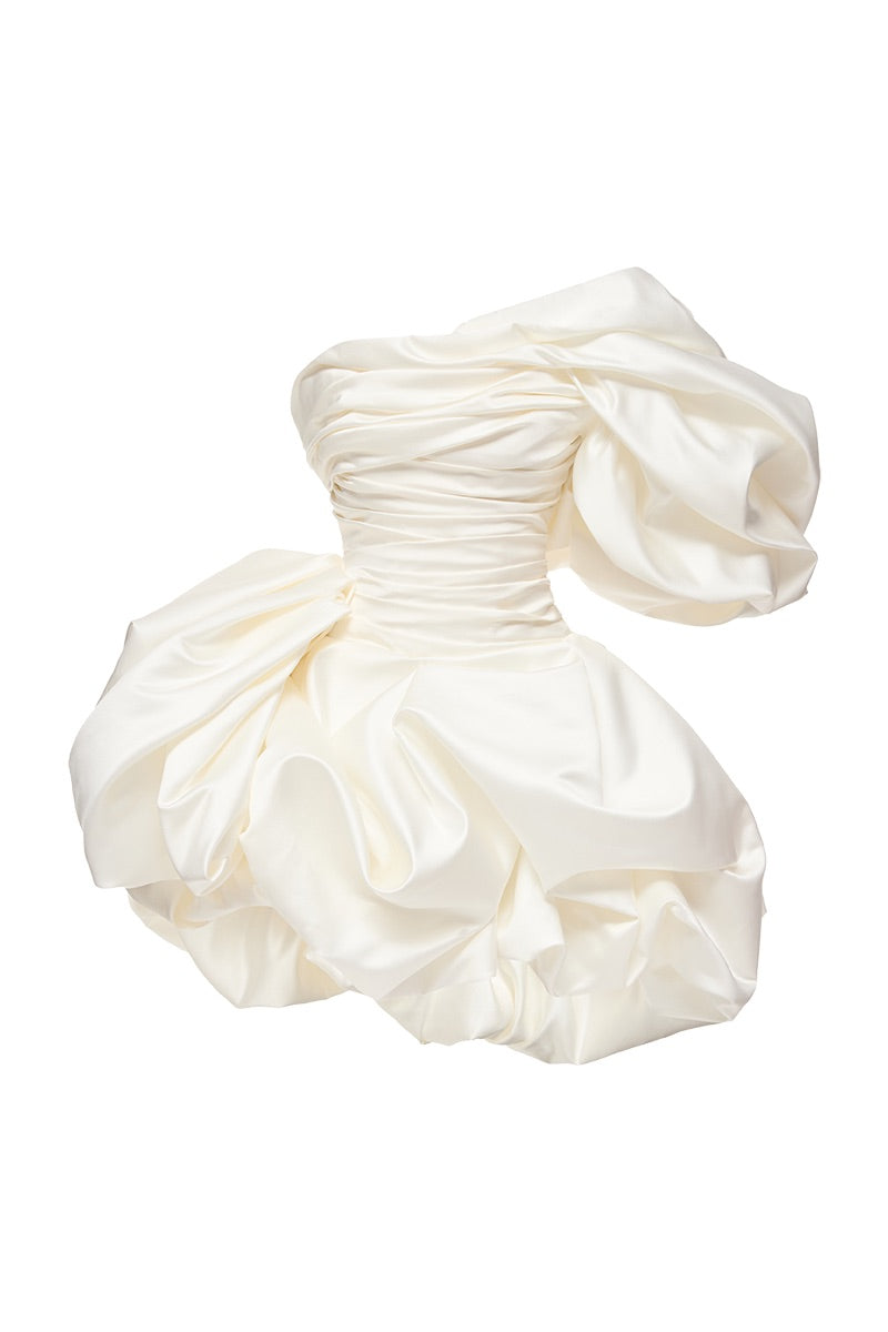 Monetre Bisou Mini Dress Satin in off-white, lightweight mini dress with elegant satin fabric and fitted silhouette.
