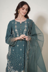 Unstitched 3 Piece Embroidered Raw Silk Suit