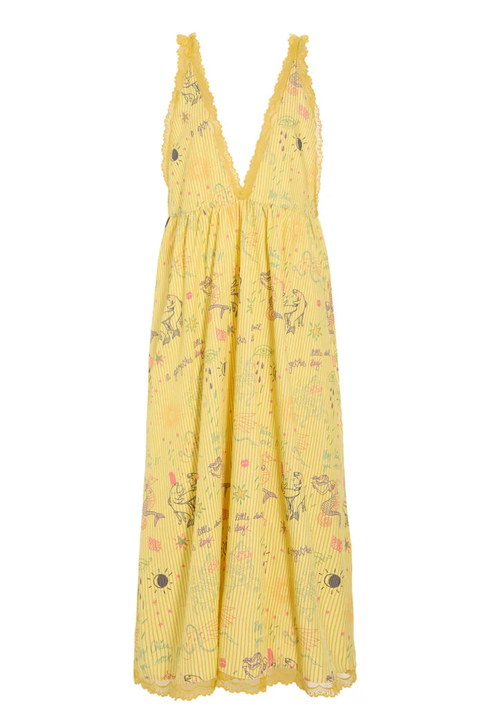 Hunkøn Zoenna Dress i Yellow Sea Creatures Art Print med A-formet pasform og blondekanter