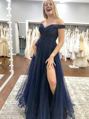 A-line Off the Shoulder Tulle Long Formal Graduation Evening Prom Dresses with Slit-BIZTUNNEL