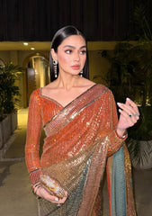 Elegant chiffon saree with printed and embroidered fall and pallu, paired with an embroidered chiffon blouse featuring organza neckline, borders, and a silk petticoat.