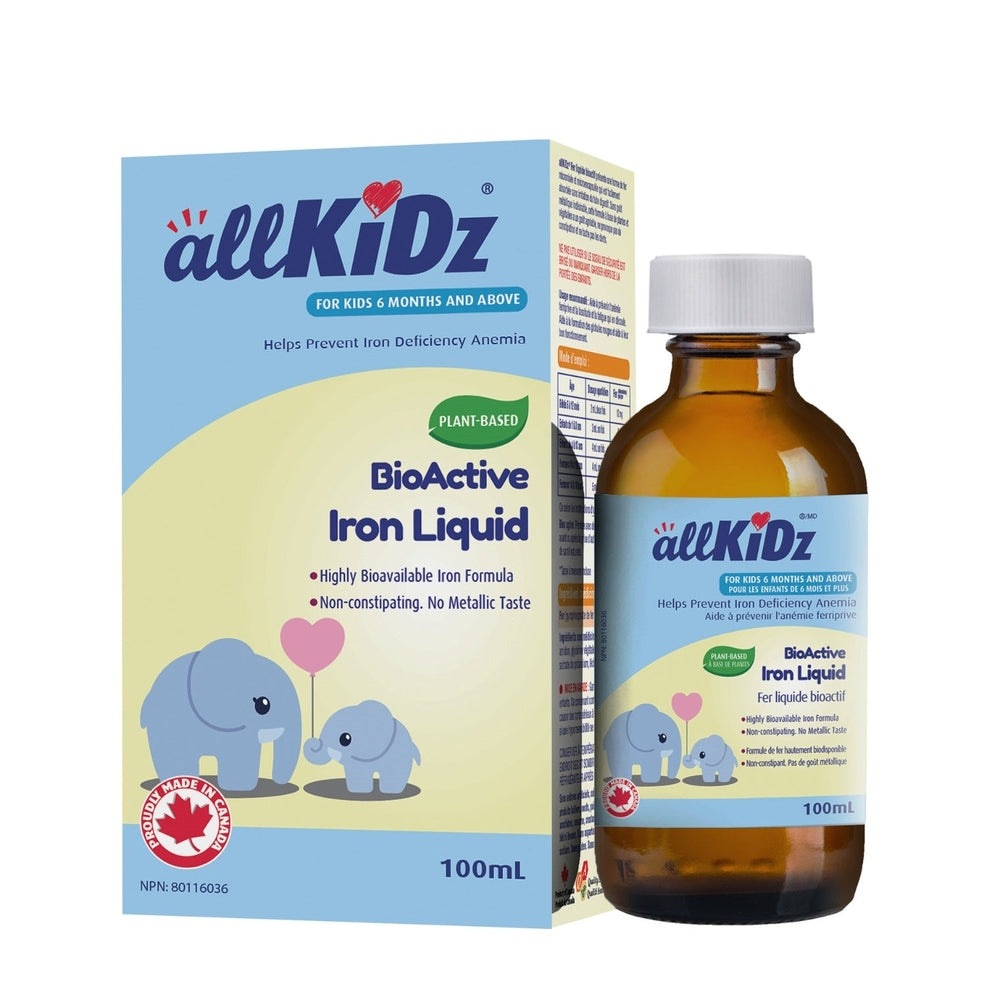 AllKidz BioActive Iron Liquid 100 ml bottle with matching box; plant-based iron formula for kids