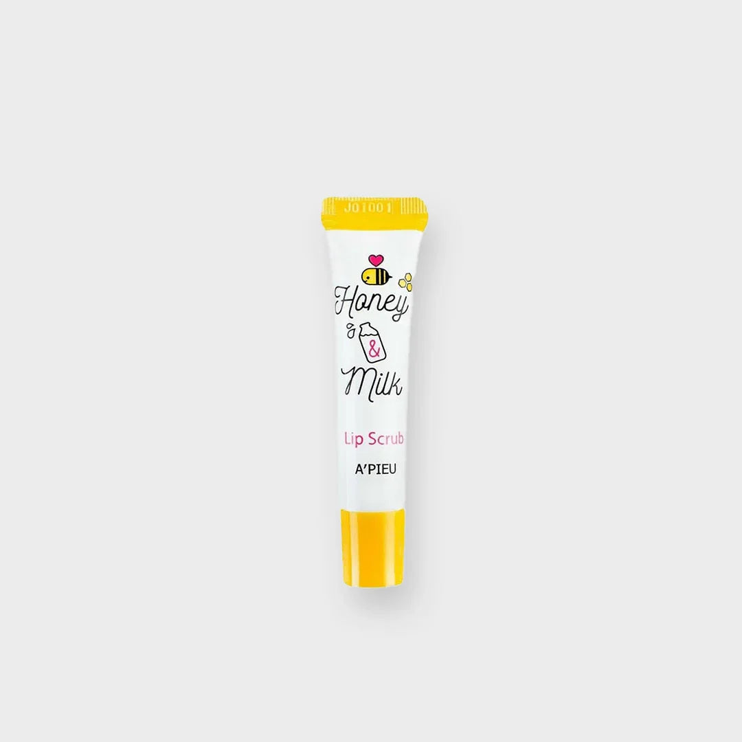 A'PIEU Honey & Milk Lip Scrub tube on a light background, Korean beauty product