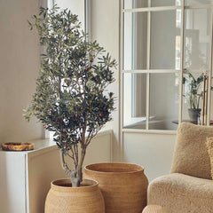 Artificial olive tree large potted faux fake plant green leaves black pot realistic home decor
