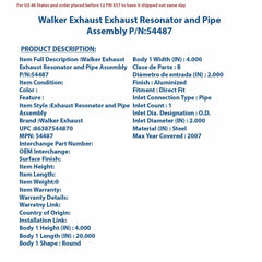 Walker Exhaust Exhaust Resonator and Pipe Assembly P/N:54487