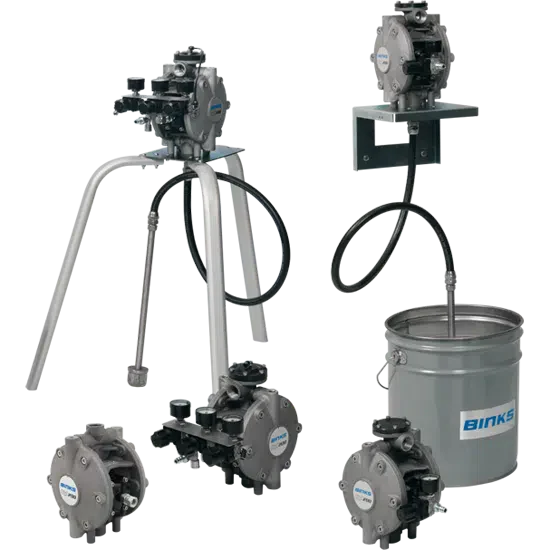 BINKS DX200 1:1 Stainless Steel Body Diaphragm Pump w/ 1 Pump Air Control Suction Hose Active Surge Chamber & PU Balls & Seats - Wall Mounting