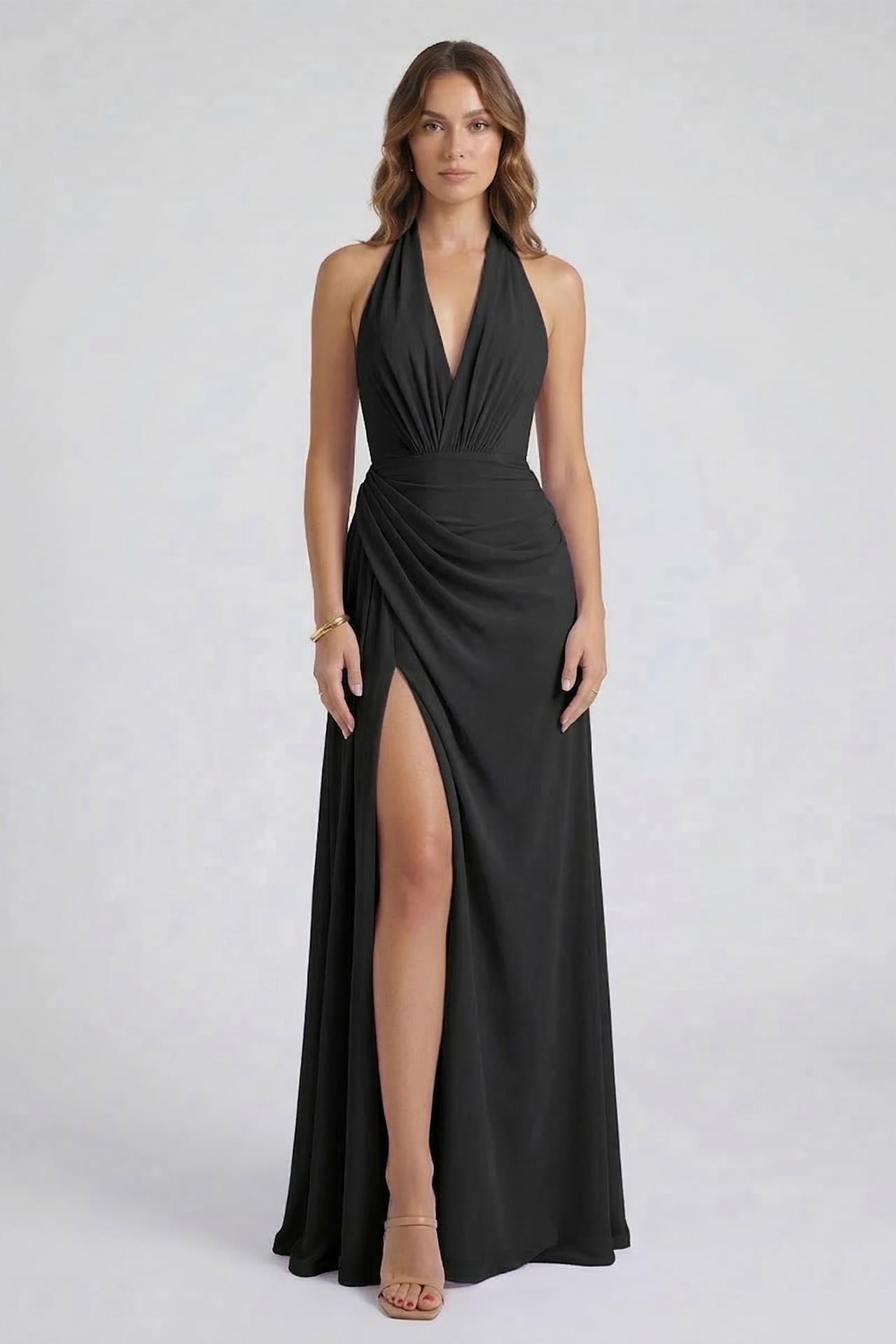 Front view of elegant black chiffon V-neck wedding guest dress