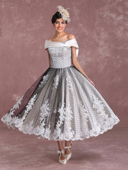Black Wedding Dresses Vintage Short Bridal Gown Lace Off The Shoulder Polka Dot Print Bridal Dress With Bow At Back misshow