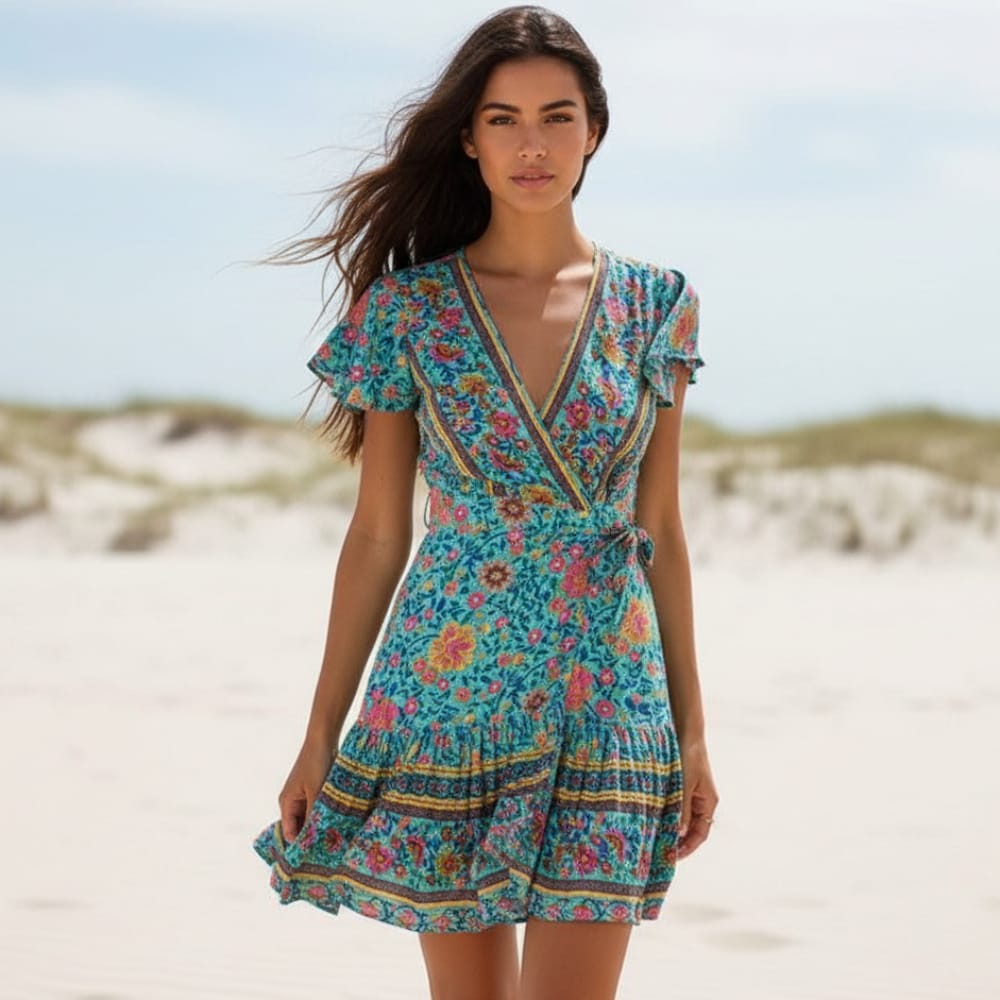 Boho Beach Hut Beach Dress, Chic Dress, Boho Dress, Summer Dress, Sun Dress, Mini Dress, wrap dress, floral dress, green dress, short sleeve dress, plus size dress Green Boho Floral Print Mini Dress Green / S